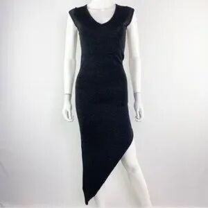 WOW COUTURE Asymmetrical Cap Sleeve Midi Cocktail Evening Dress Metallic Black